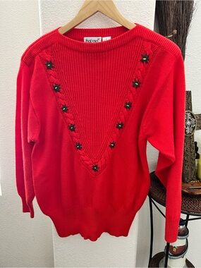 Bright Red V-Neck Cable Trim Sweater with Floral Accents